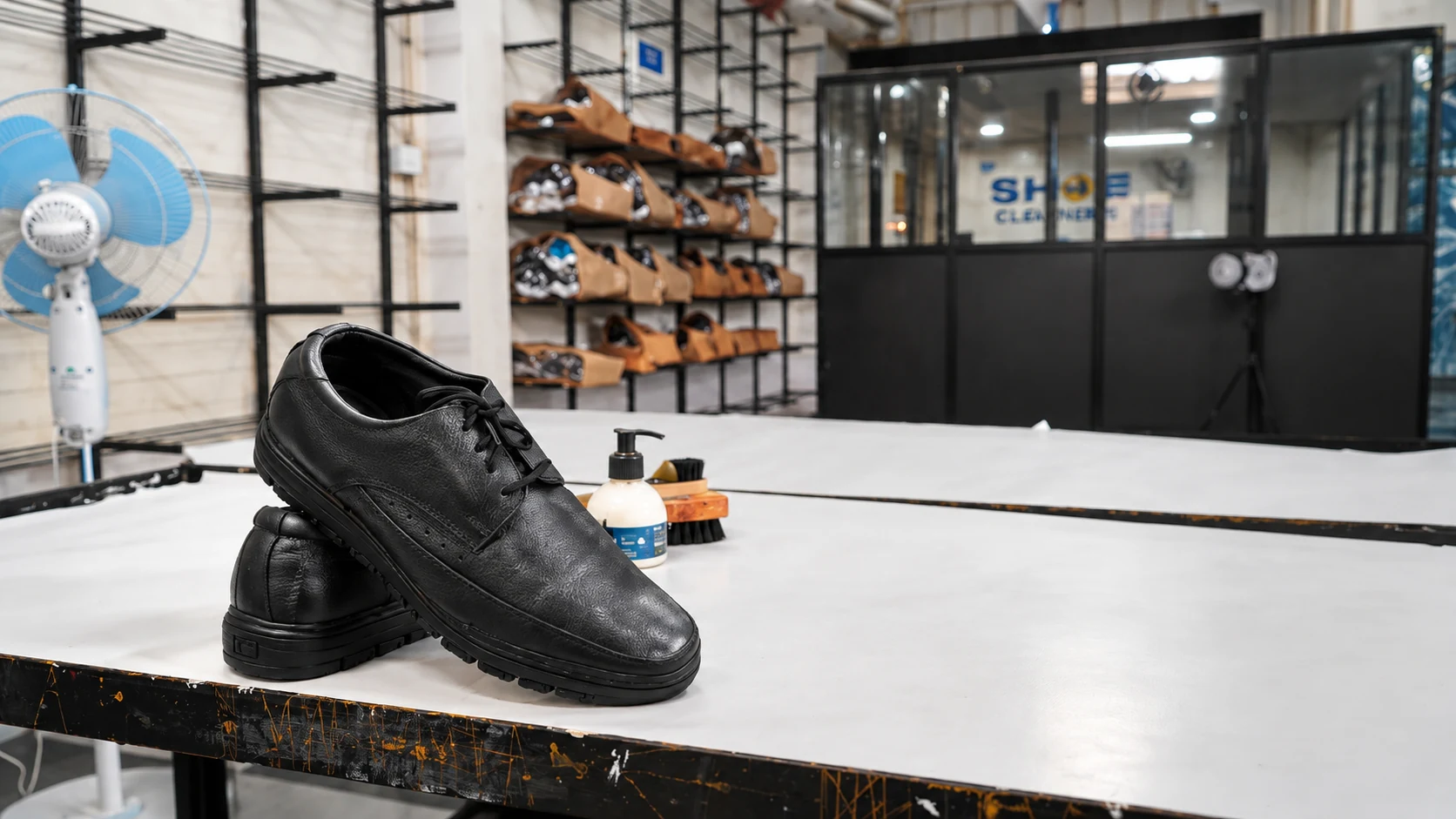Leather footwear photographed inside the active workshop
