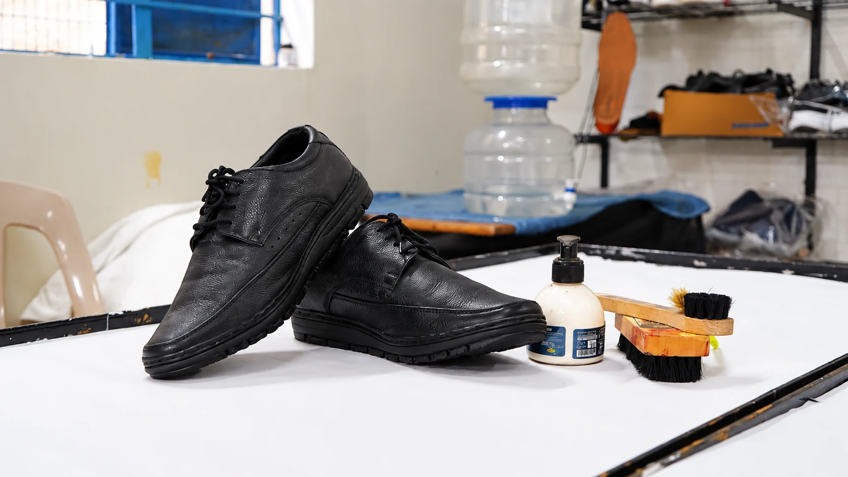 Leather shoes with cleaning products and brushes