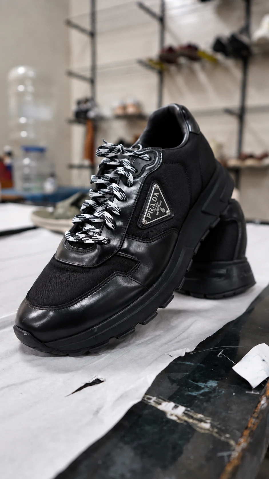 Premium footwear photographed on the Mr. Shoe Cleaner workbench