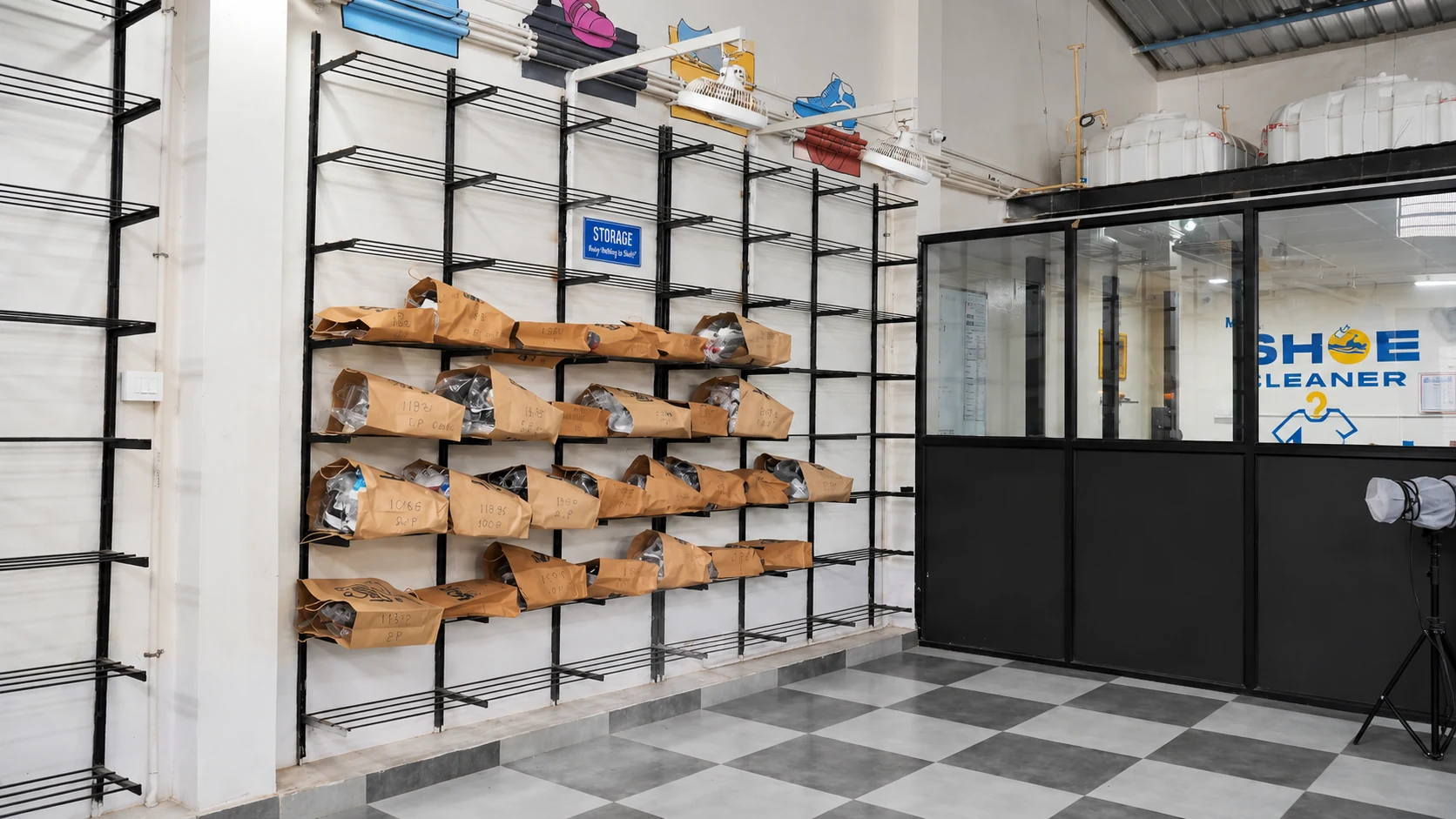 Storage racks beside the Mr. Shoe Cleaner office area